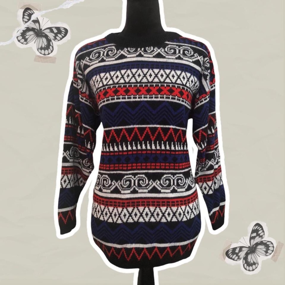 Women’s Vintage 80s/90s Alberoy Black Multicolored Geometric Knit Sweater